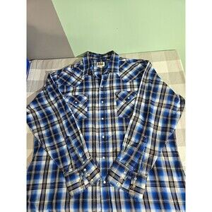 Ely Cattleman XL Blue Plaid Western Shirt Long Sleeve‎ Cowboy Ranch Rodeo